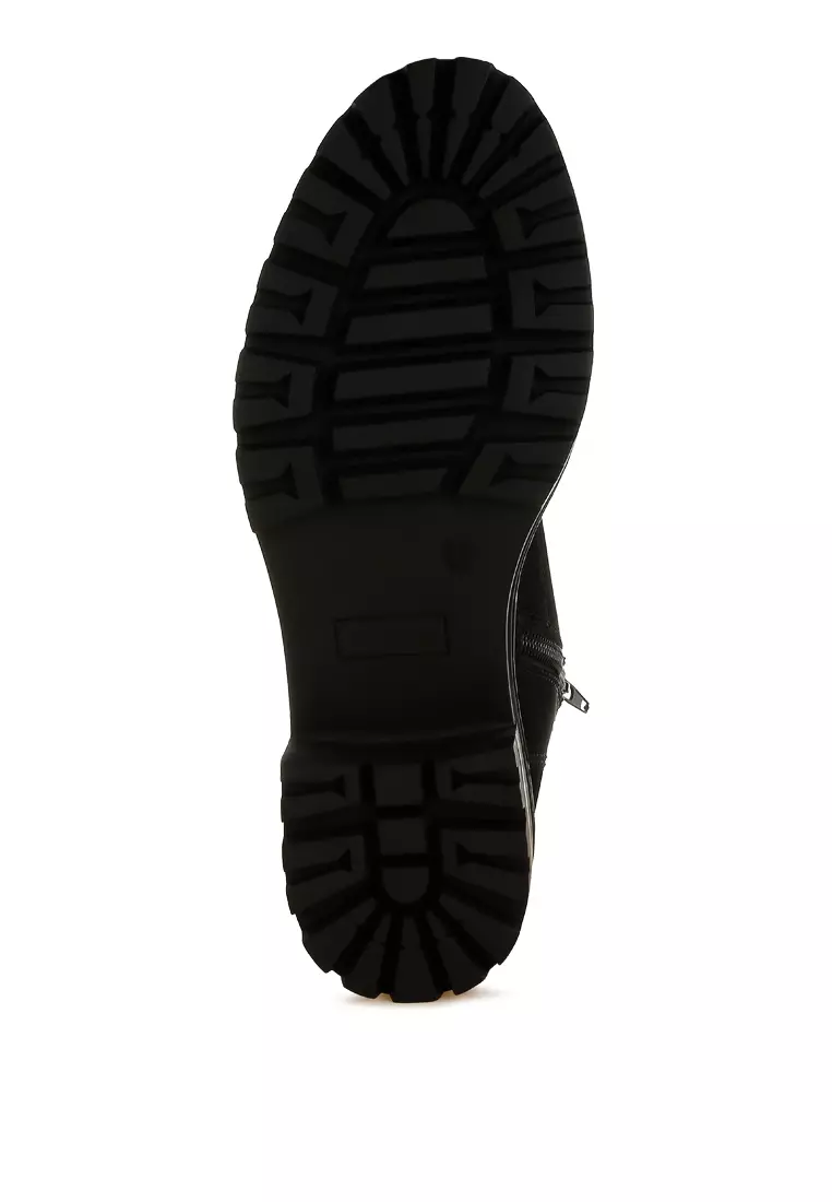 Knitted Collar Zip-Up Hiker Boots in Black