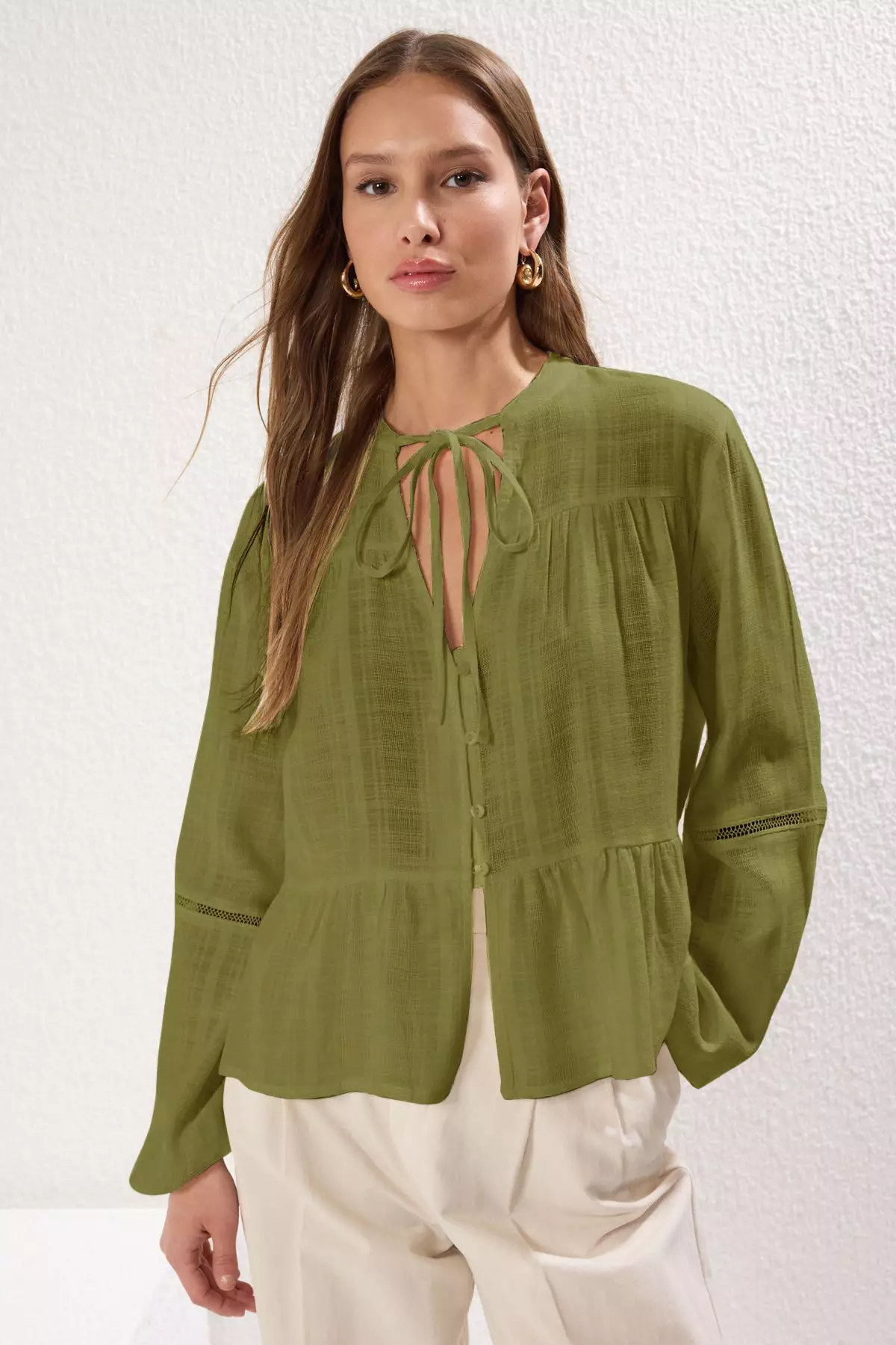 Khaki Cotton Textured Lacy On The Sleeve Regular Normal Fit Shirt