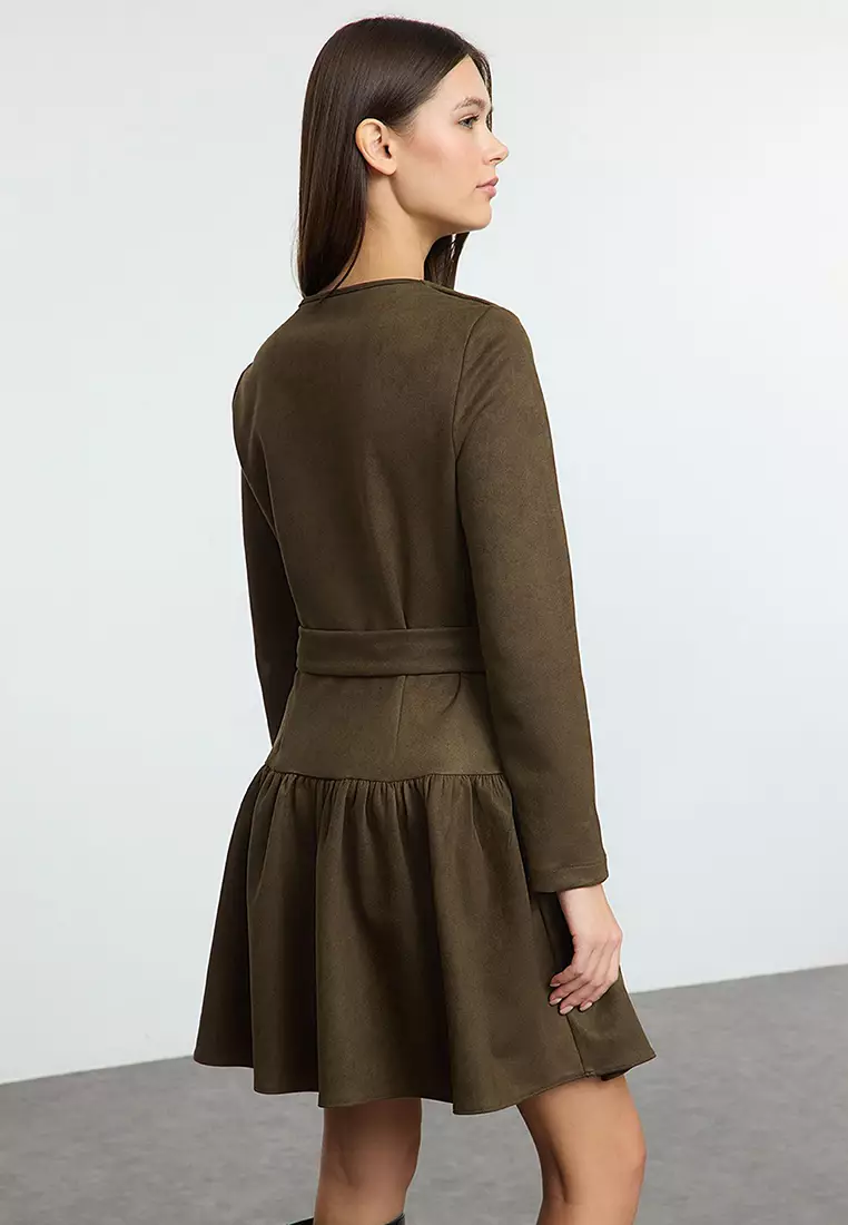 Khaki Arched Plain Short / Mini Woven Dress Twoaw25El00252
