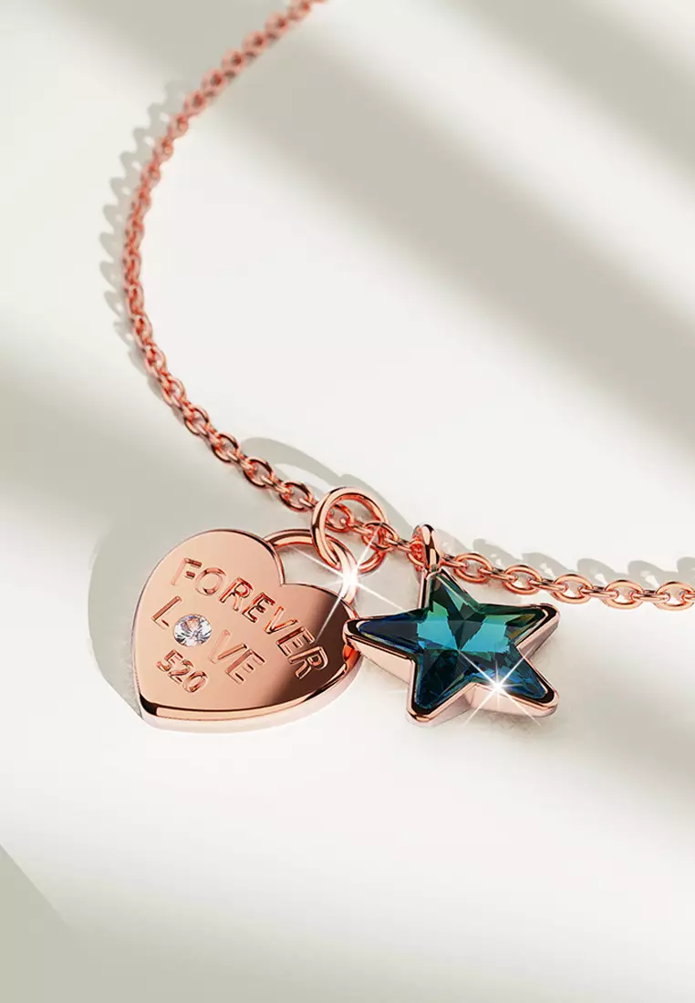 Solid 925 Sterling Silver Rose Gold Filled Heart-Shaped Pendant and Bermuda Blue Starred Necklace Embellished with Crystals from SWAROVSKI®