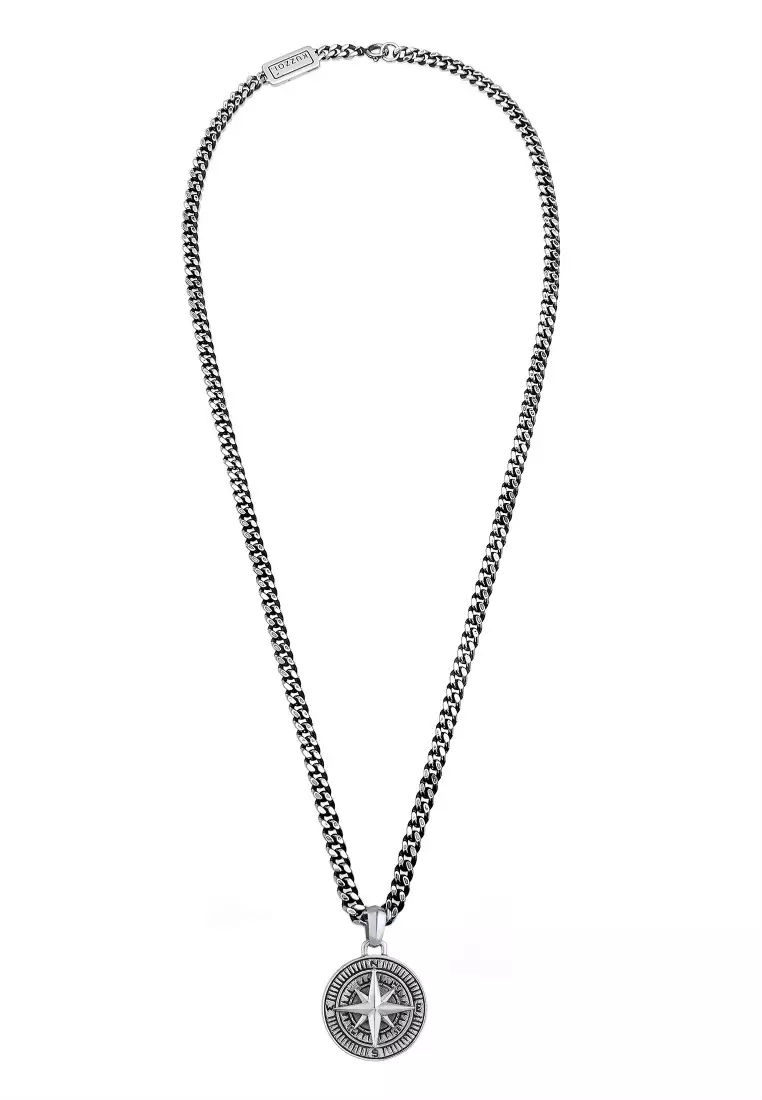 EXCLUSIVE Kalung Perhiasan Perak 925 Pria Curb Chain Compass Oxide