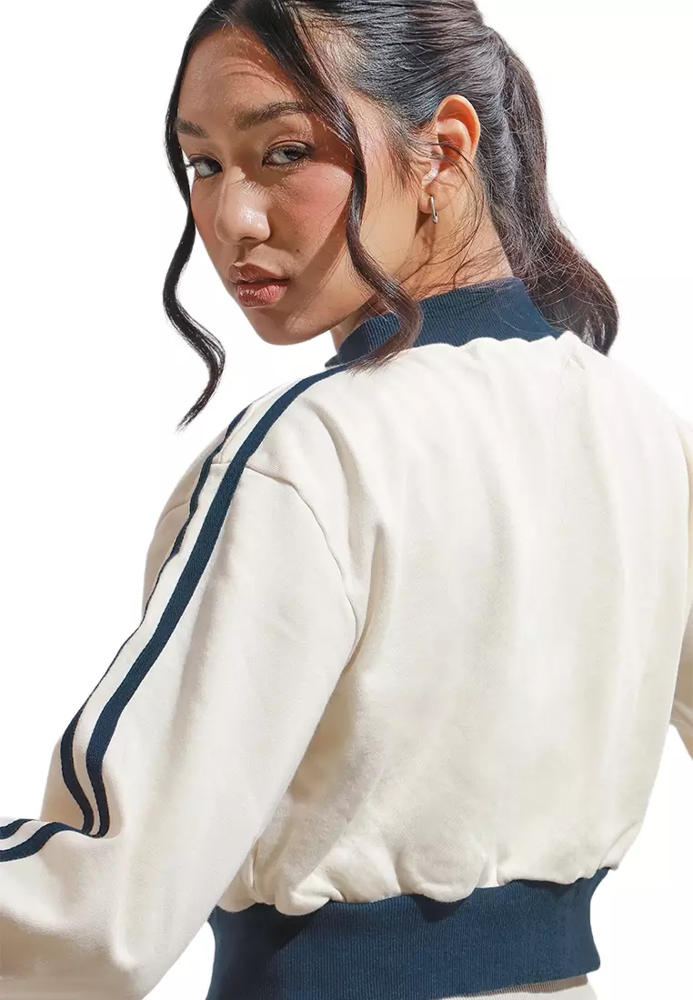 Brushed Terry Cropped Zip Up Track Jacket With Stripe Detail