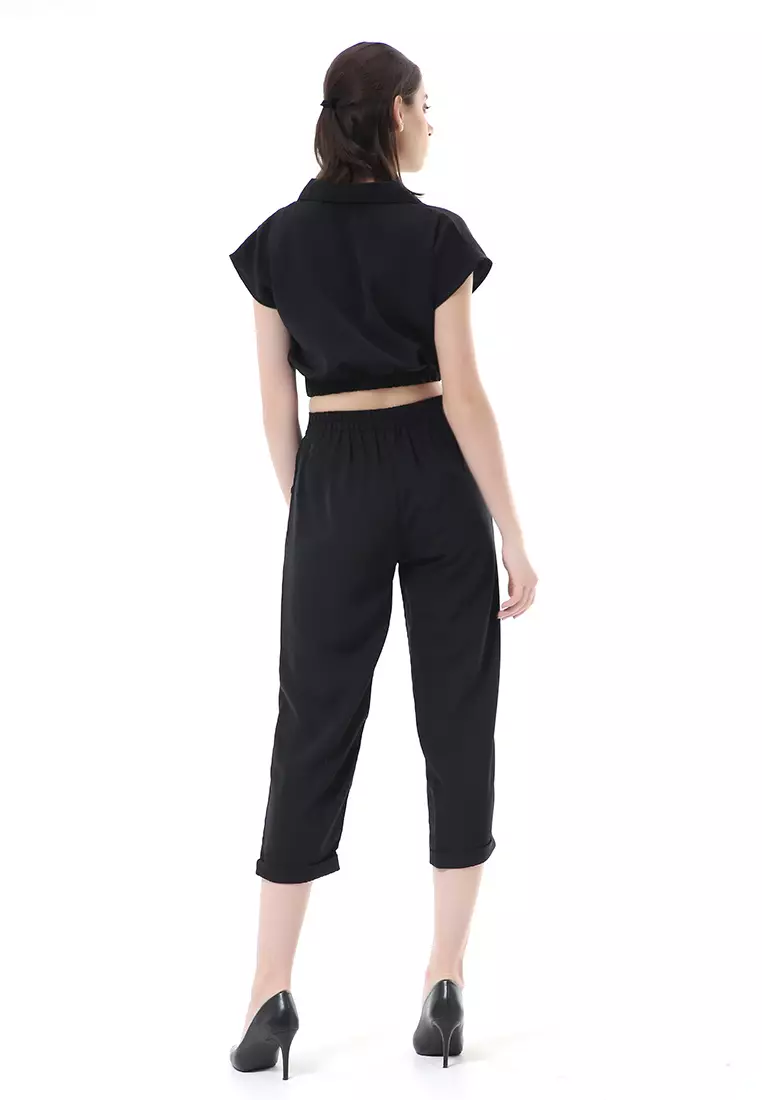 Nayra One Set Setelan Atasan Crop Karet Lengan Pendek Basic Pants Wanita Material Dolce ORIGINAL - Black