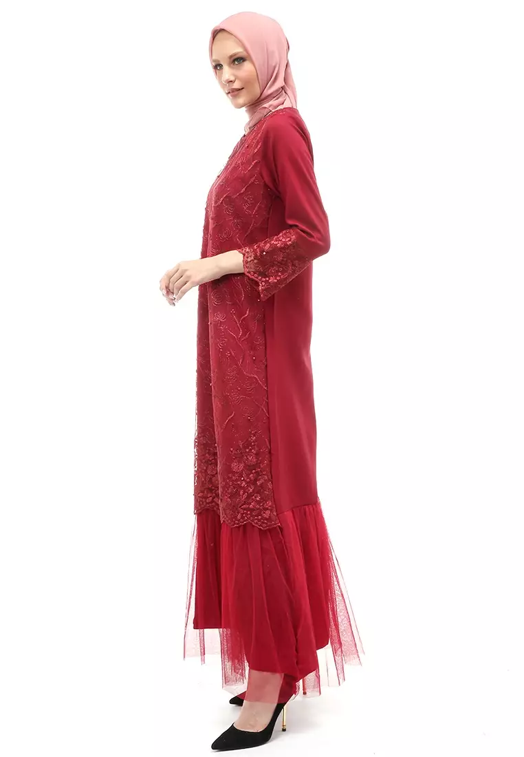 Diana Gamis Brukat Wanita Muslimah Lapis Moscrepe Premium Quality - Maroon