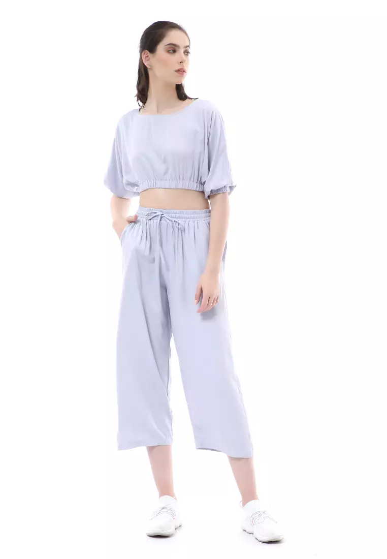 Nayra One Set Setelan Wanita Atasan Crop Lengan 3/4 Celana Kulot Material Rayon ORIGINAL - Bluegray