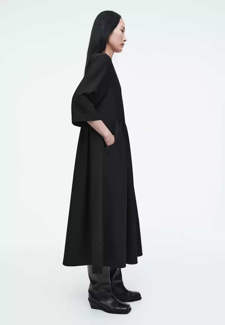 Gathered Wool-Blend Midi Dress