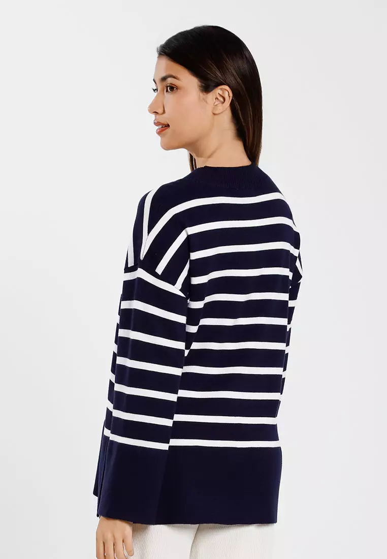 Forest Ladies Striped Knit Top Women Long Sleeve Knitted Sweater | Baju Perempuan Lengan Panjang - 822446-33Navy