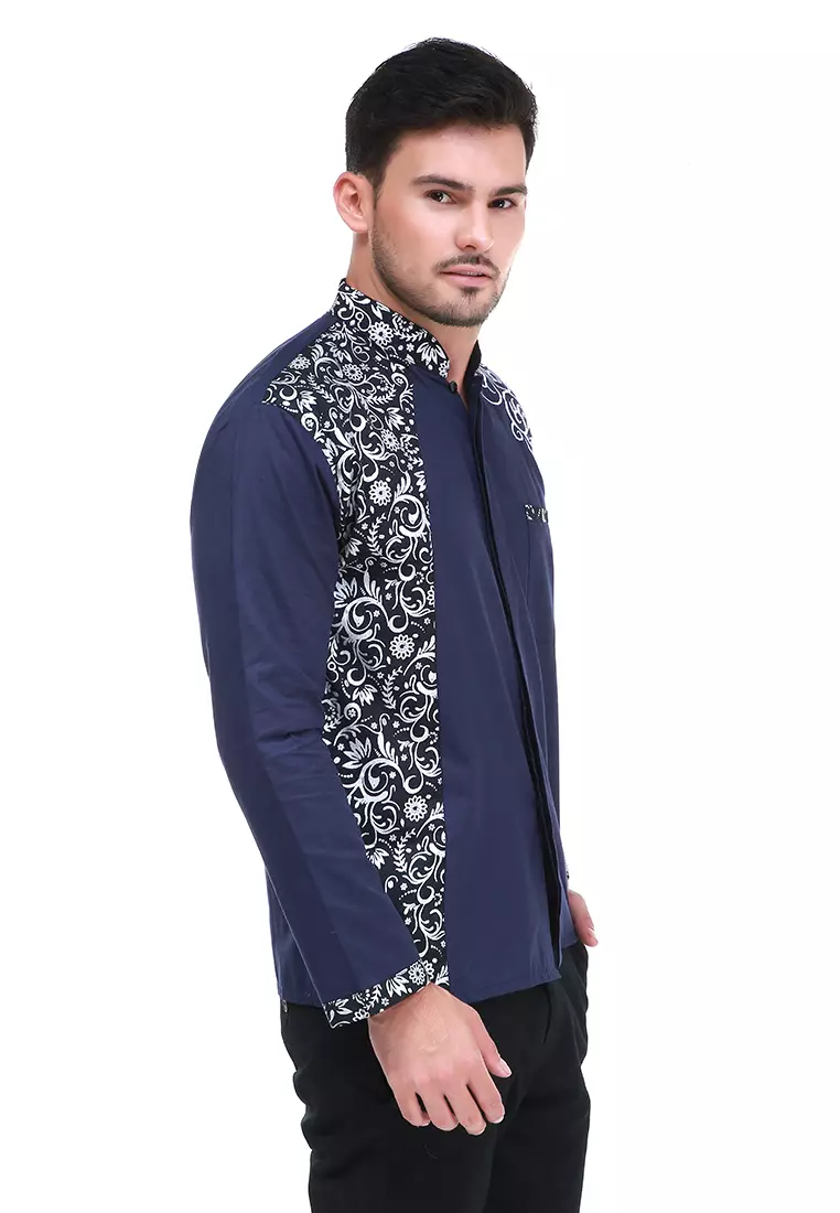 Dwan Kemeja Batik Pria Simple Atasan Formal Longsleeve Shirt Material Cotton ORIGINAL - Blue