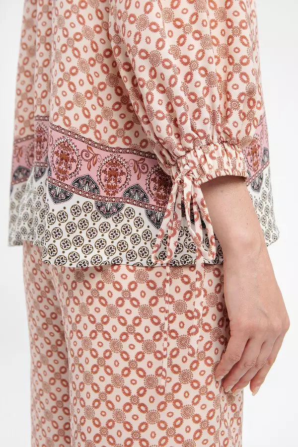 MINIMAL - Zaisa - Blus Motif Geometris Lengan Balon - Beige Warna Beige