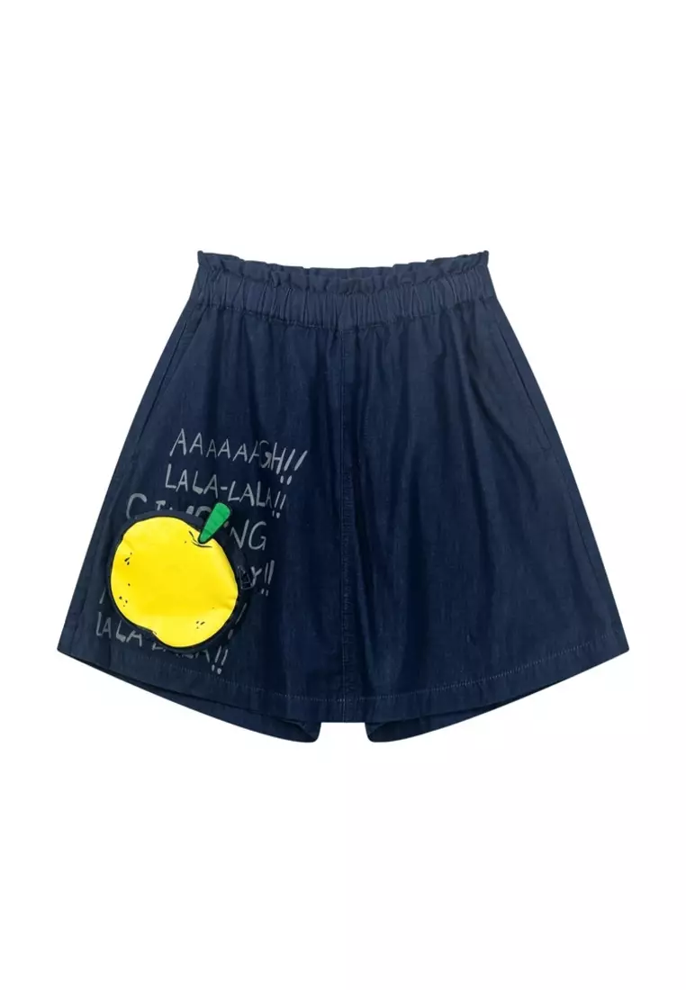 Apple Print Cotton Denim Skirt Short with Pocket