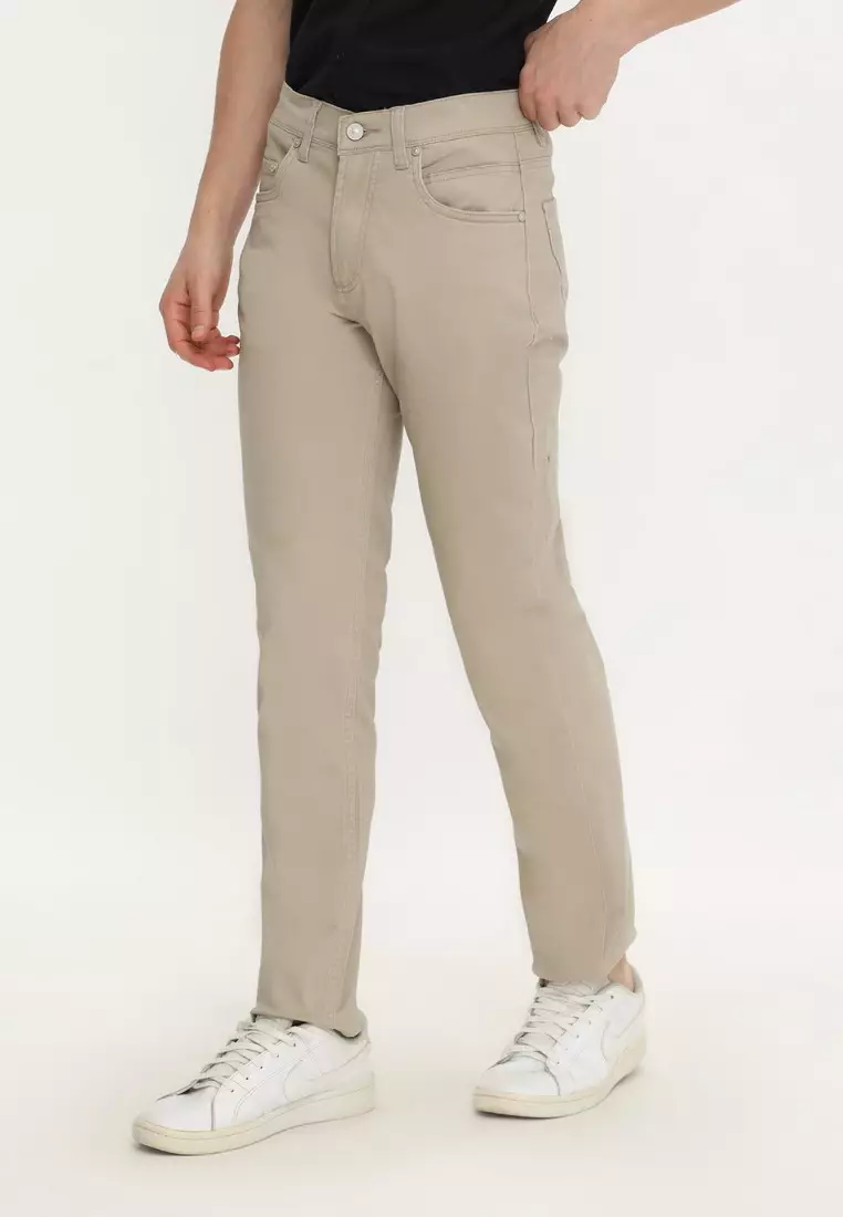 POLICE Celana Chino Panjang V Pocket Lt.Khaky Cotton Premium Slim Fit Pria