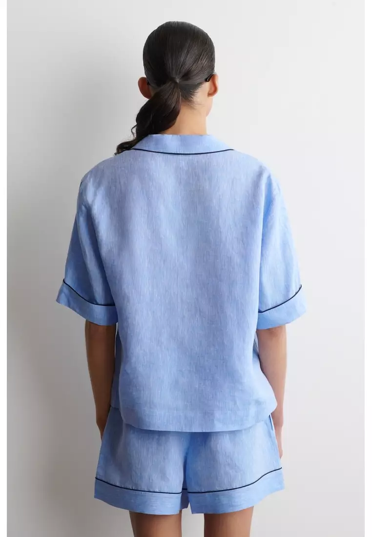 CONTRAST-PIPED LINEN RESORT SHIRT