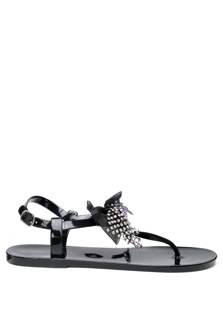 Bow-tie T Strap Flat Sandals in Black