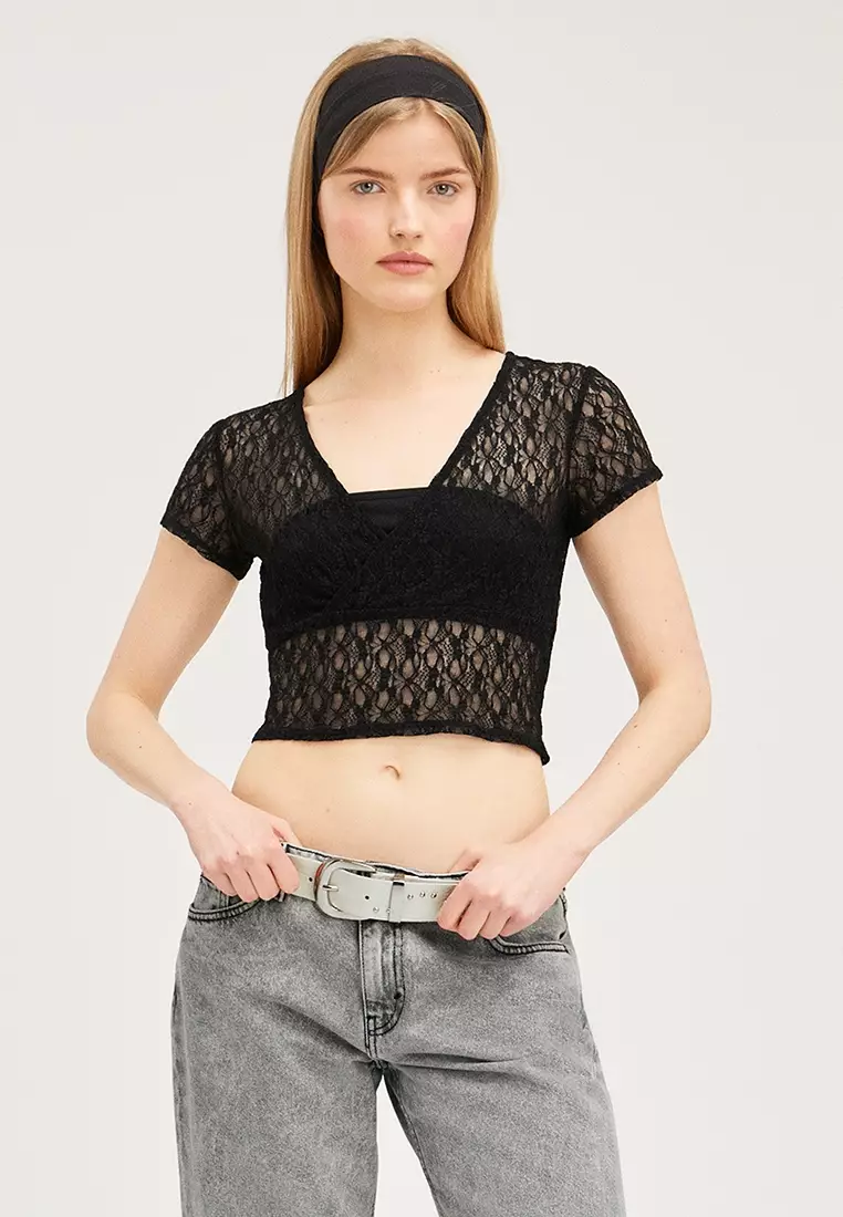 Buy Monki Cropped Fitted Lace Top 2024 Online | ZALORA Philippines