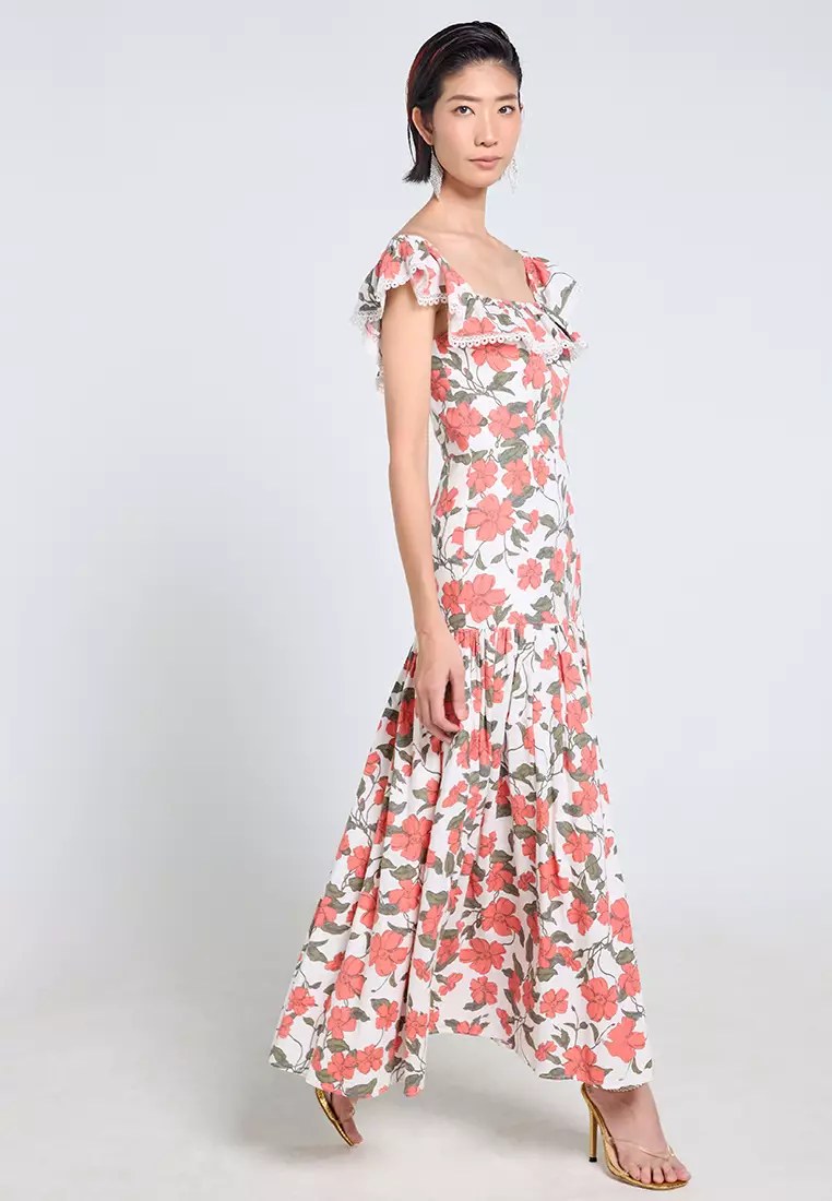 Ruffled Off-Shoulder Floral Linen Dress