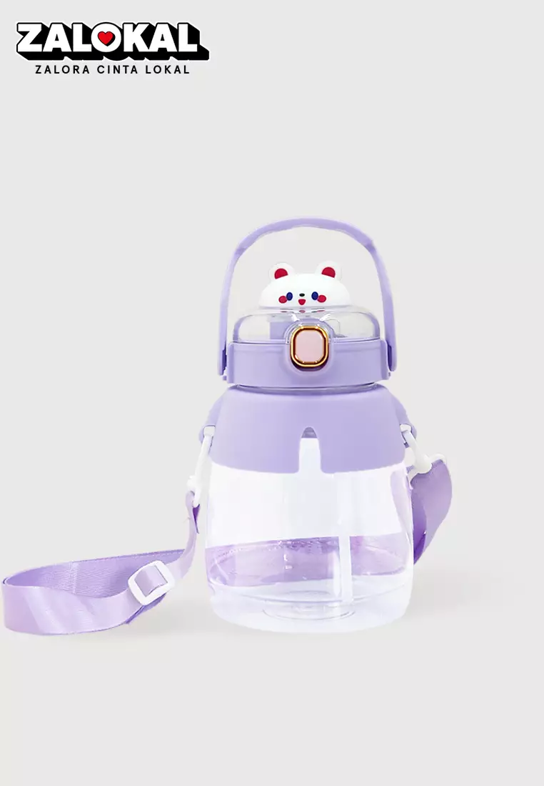 Wakakids Botol Minum Anak Plastik Dengan Sedotan dan Tali Panjang Tentengan Karakter Bear Free Sticker 1300ml K745 Venhs Ungu