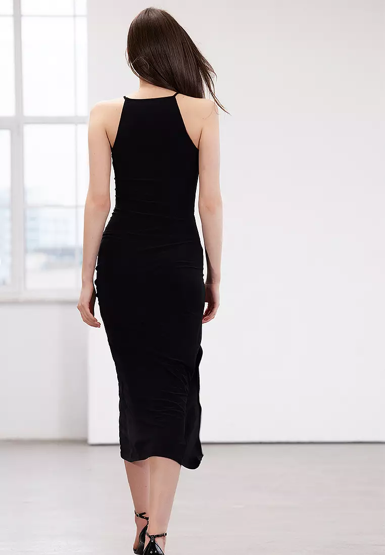 Black Halter Neck Draped Bodycon Stretchy Maxi Pencil Knit Dress