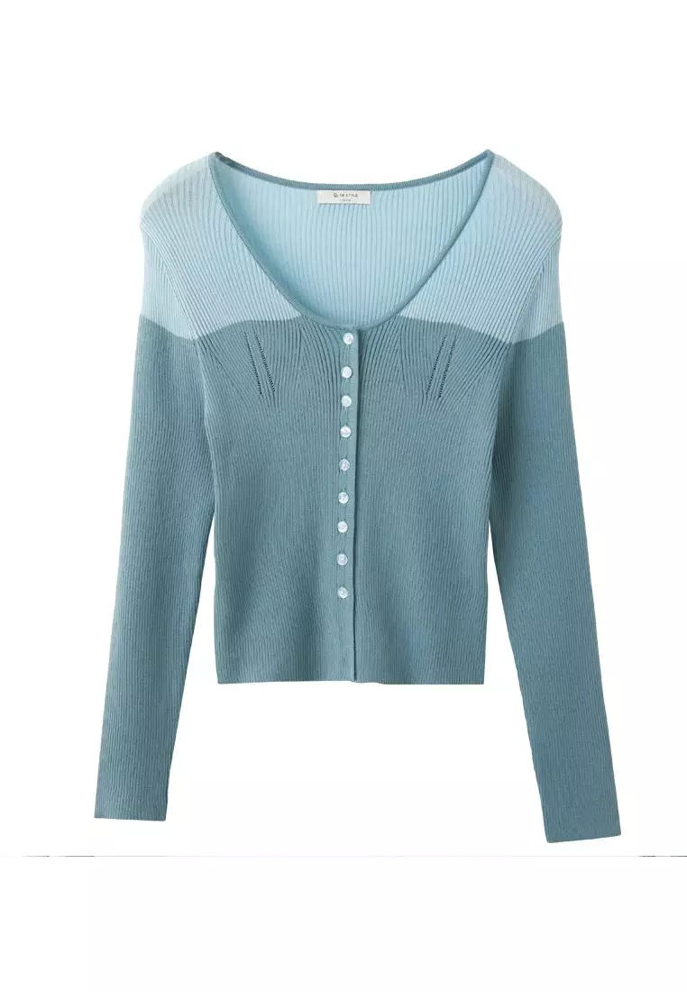 High-Stretch Colorblock Sheer Fitted Knit Cardigan [FA2980]