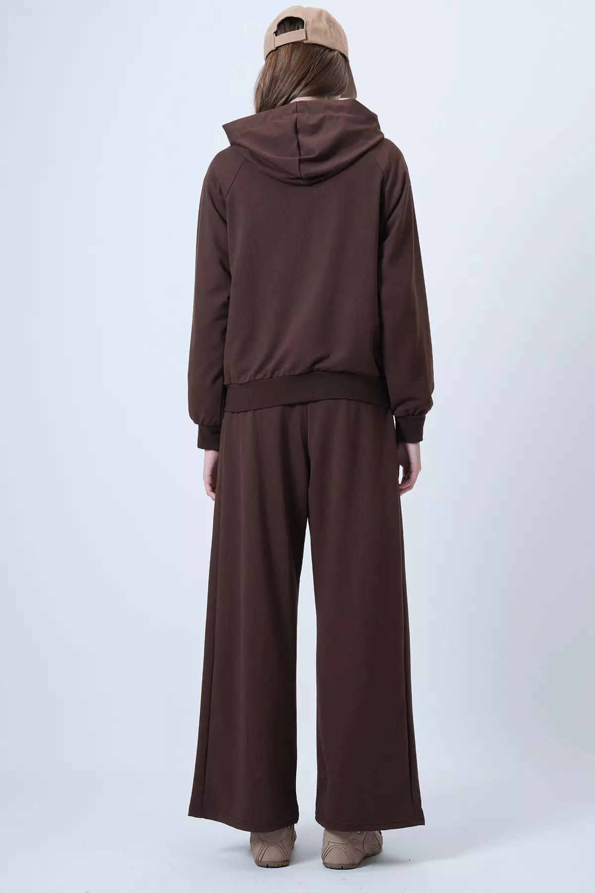 Brown Hooded Zippered Jacket And High-Waisted Wide-Leg Pants Set Alc-X14606