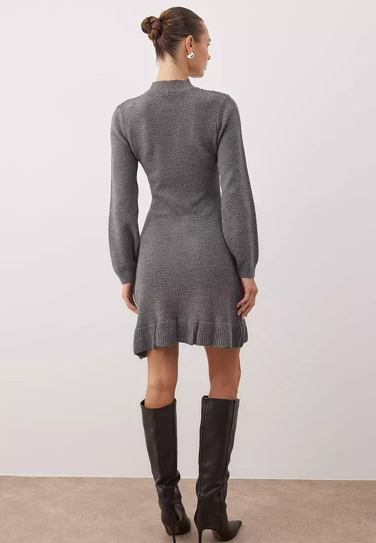Anthracite Plain Short / Mini Ruffled High Neck Knitwear Dress Twoaw26El99