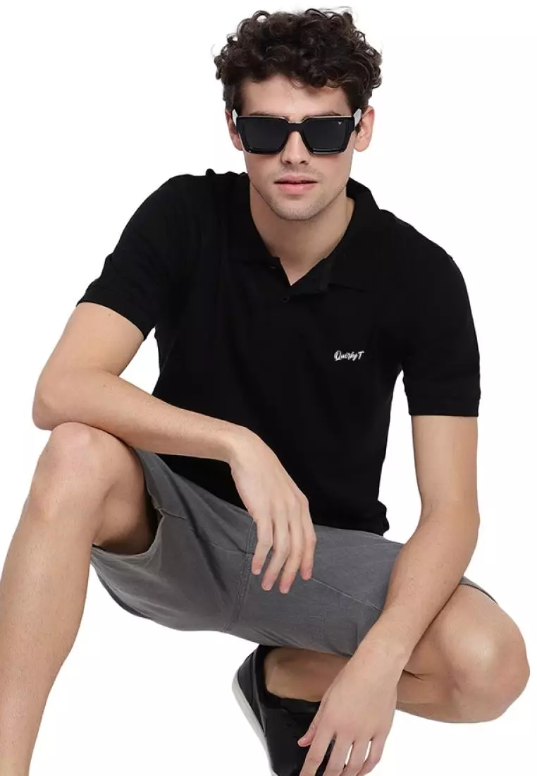 Mens Plain Black QuirkyT Polo Neck  Cotton Short Sleeve Collor Tee/Tshirt