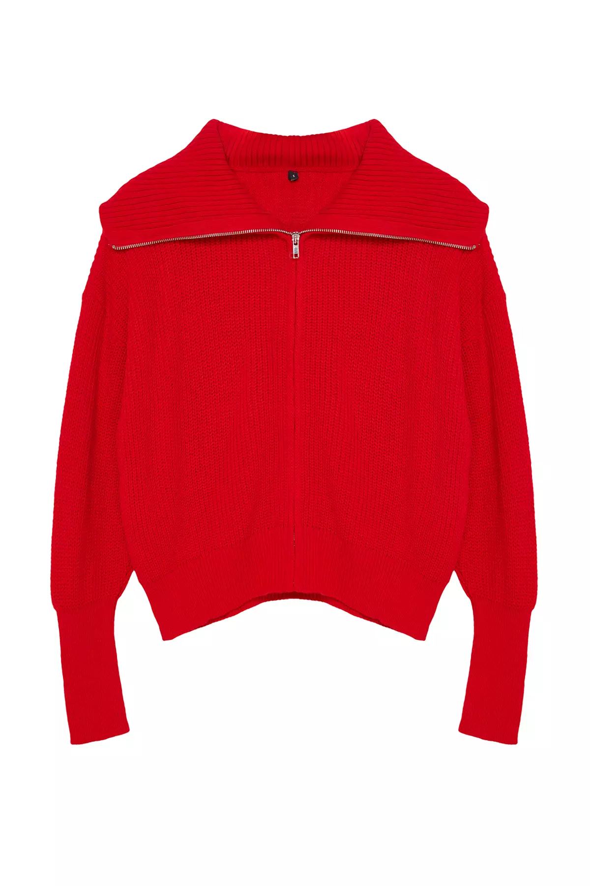 紅色闊身格仔翻領拉鍊針織外套 TWOAW24HI00072