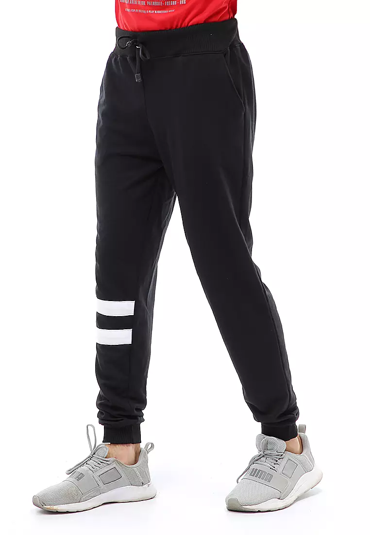 Locko Long Pants Celana Jogger Sport Pria List Double Stripe Material Baby Terry ORIGINAL - Black