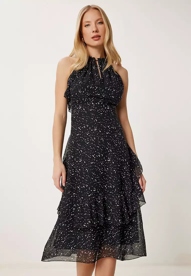 Women's Black Bone Pattern Flounced Summer Chiffon Dress Fg00025