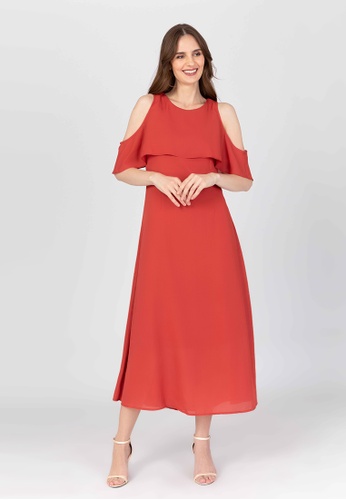 BADOMODA red Cielo Maxi Dress With Layered Cold Shoulder Sleeves D65F4AA16EBB13GS_1