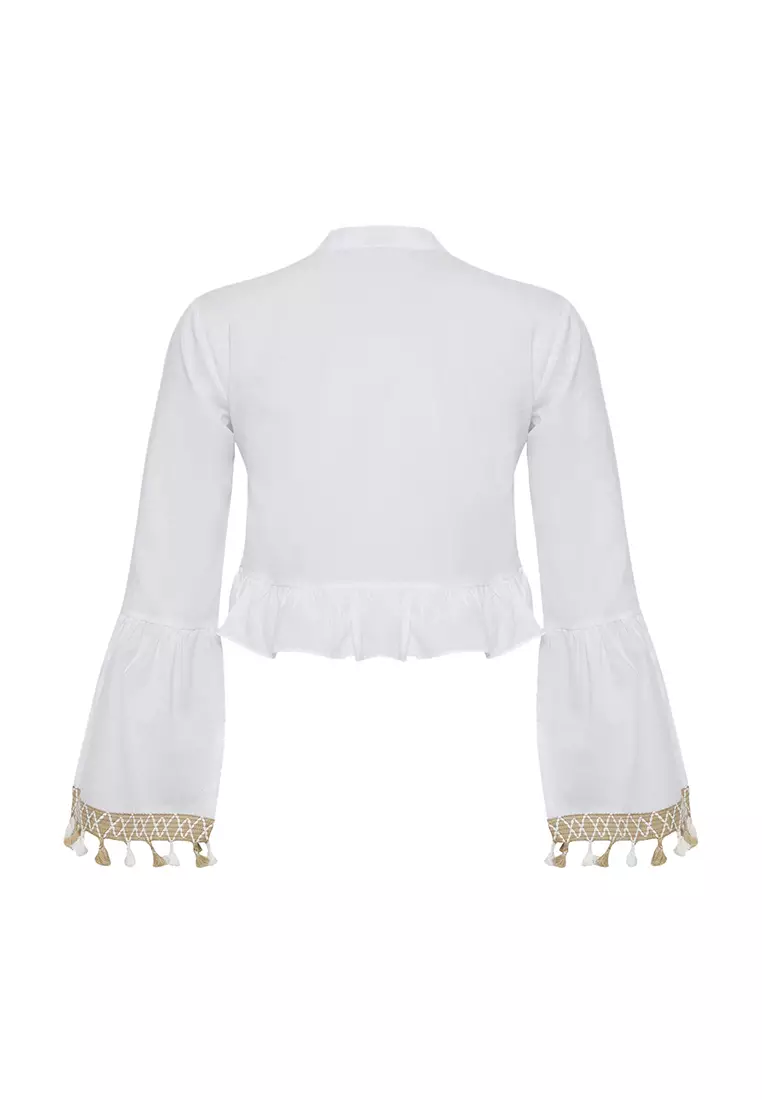 Ecru Woven Tassel and Lace Detailed Tie-Up Beach Blouse Tbess25Bz00014