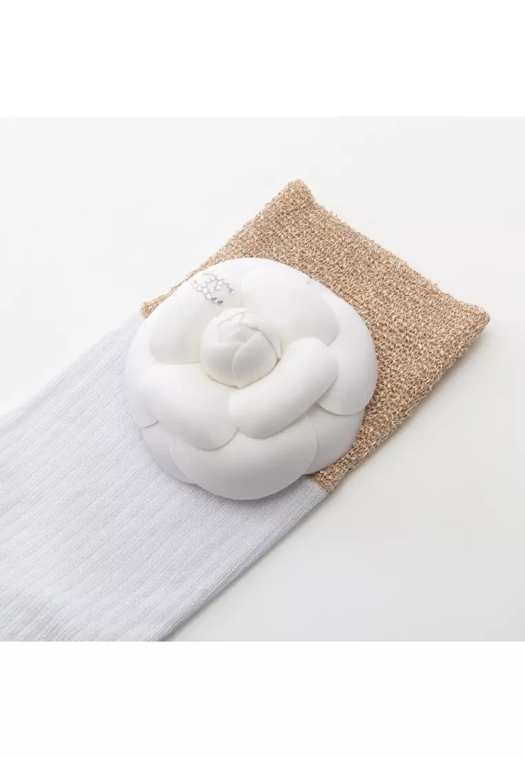 Pre-Loved Chanel camellia coco mark socks socks accessory Viscose white gold 25P