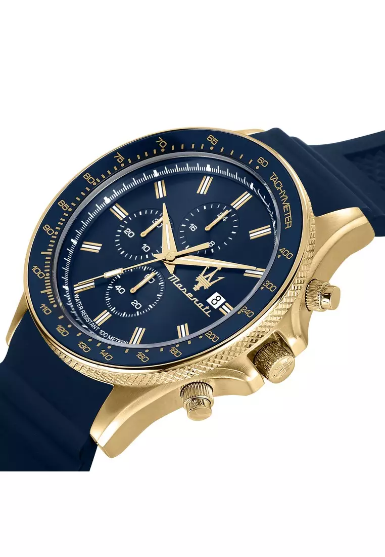 【2 Years Warranty】Maserati Sfida 44mm Blue Dial Blue Silicone Men's Chronograph Quartz Watch R8871640004 With Luminous Dial Hands