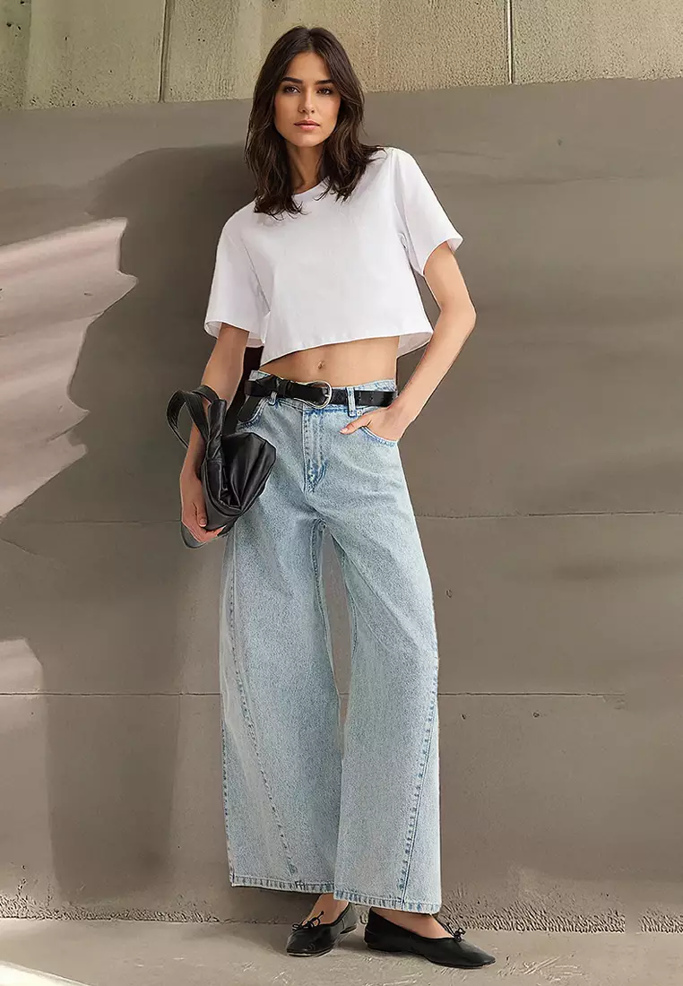 Light Blue Stitch Detail Low Waist Barrel Baggy Jeans