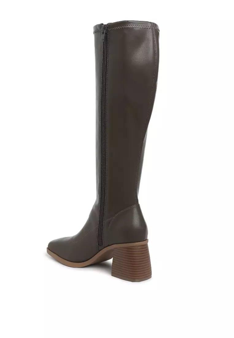 Sepatu bot hak blok kulit imitasi warna coklat