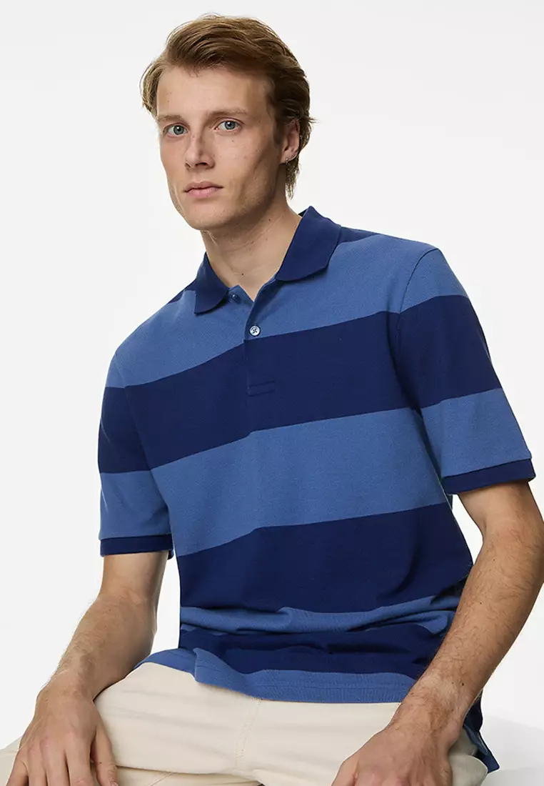 Pure Cotton Striped Pique Polo Shirt