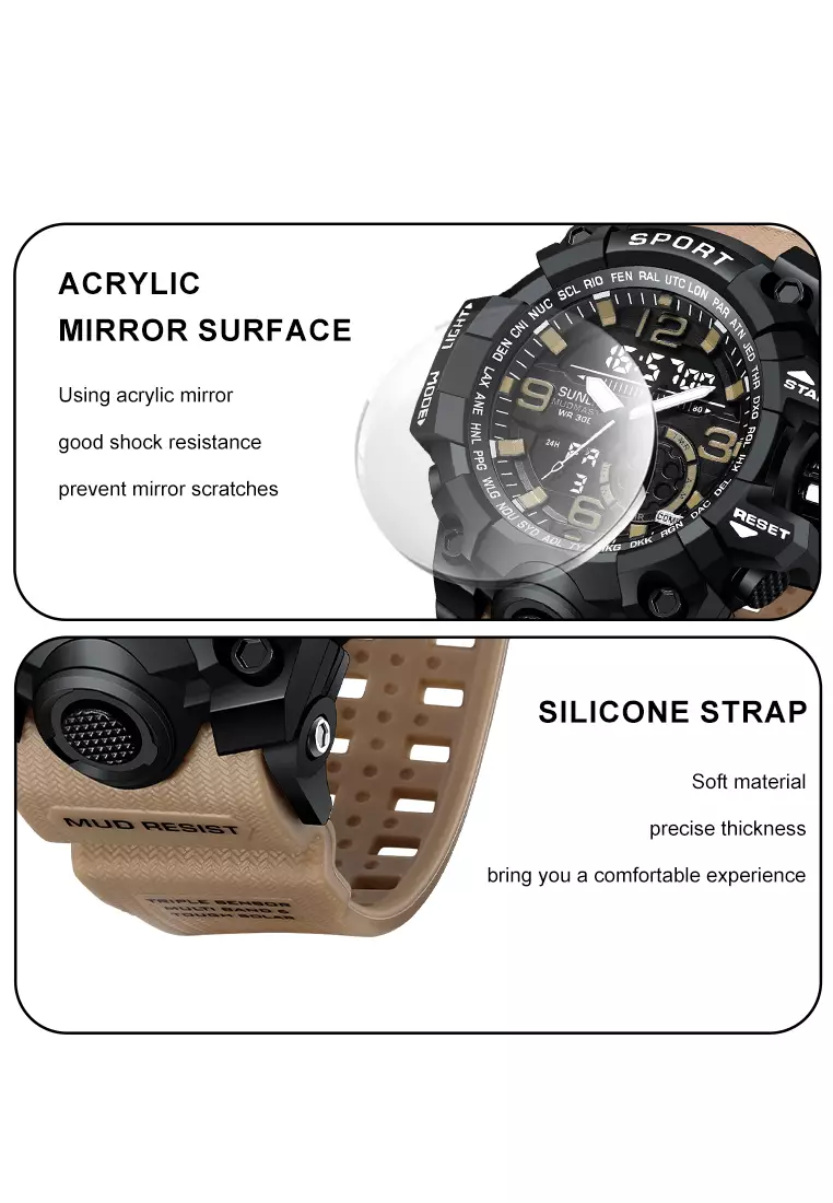 Jam Tangan Pria D002 Original Olahraga Jam Digital Multifungsi Tali Silikon Jam Tangan Cowok Khaki