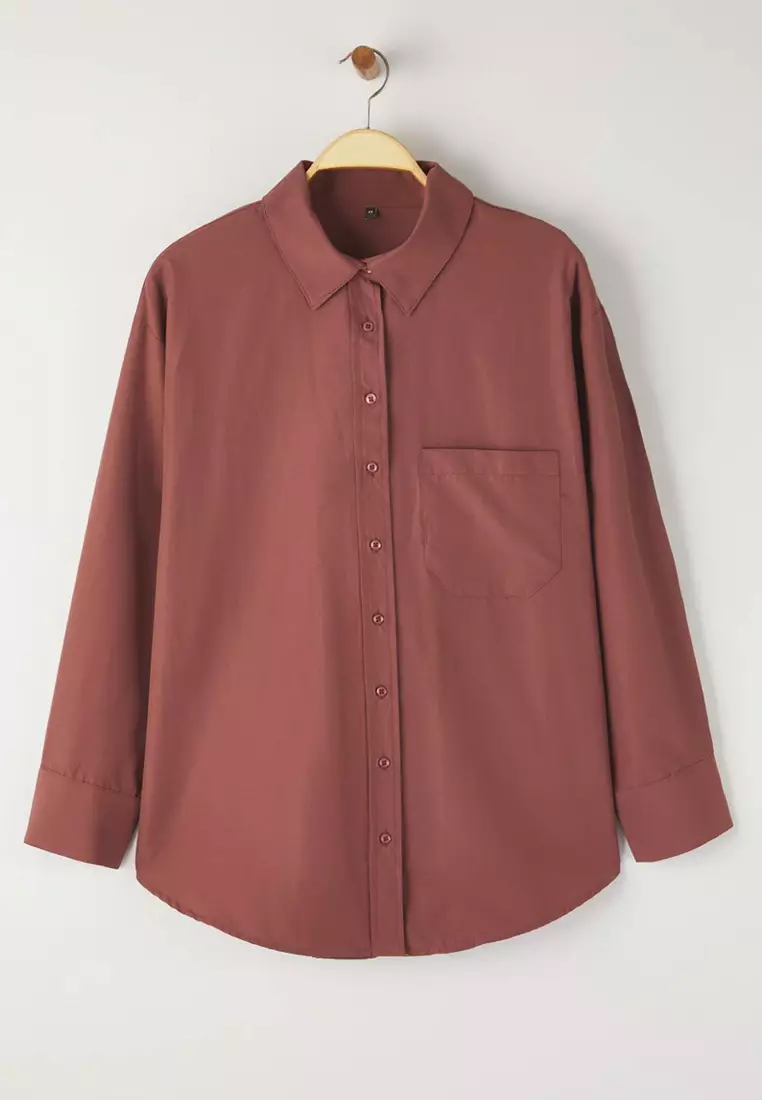 Brown Loose Fit Cotton Long Sleeve Plus Size Woven Shirt