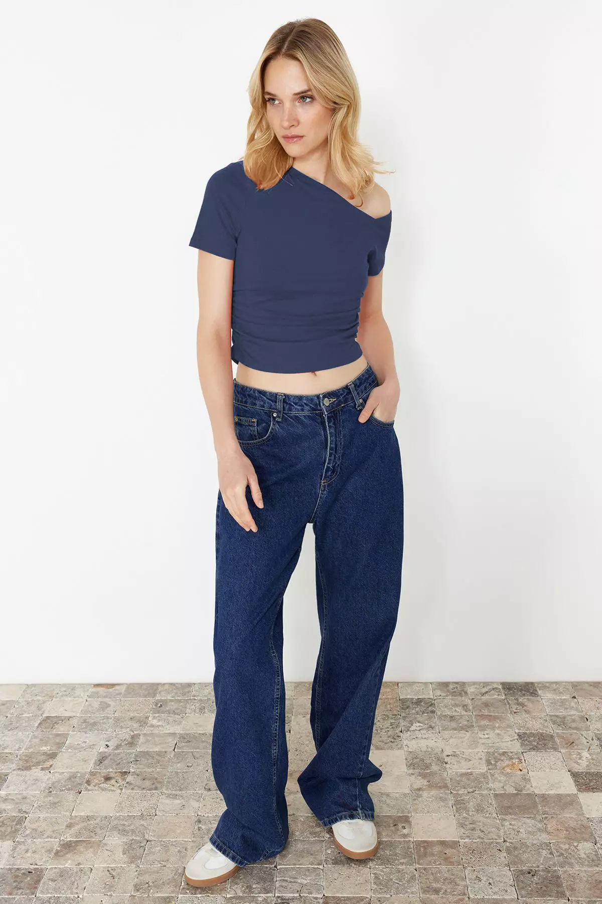 Indigo Gathered Asymmetrical Neckline Stretchy Knitted Blouse