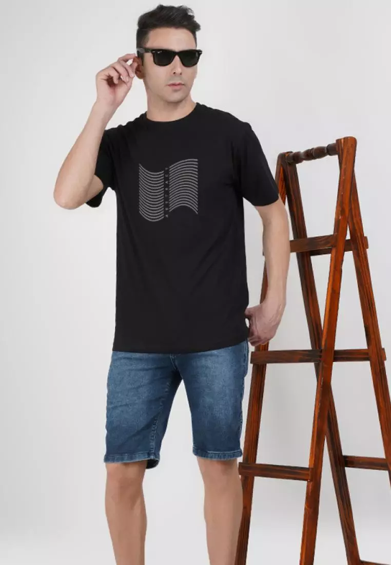 Abstract Lines Graphic Black Cotton Blend Short Sleeve Regular Fit Tee