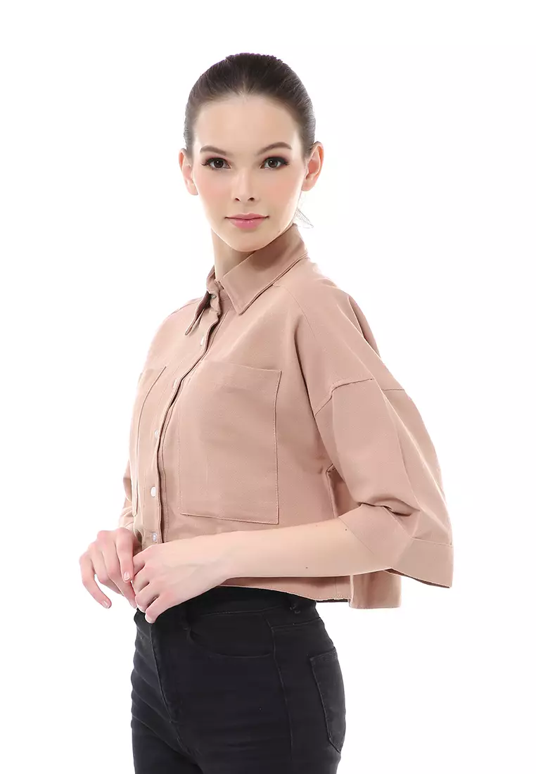 Brielle Atasan Wanita Kemeja Crop Oversize Shirt Lengan Panjang Material Linen ORIGINAL - Caramel