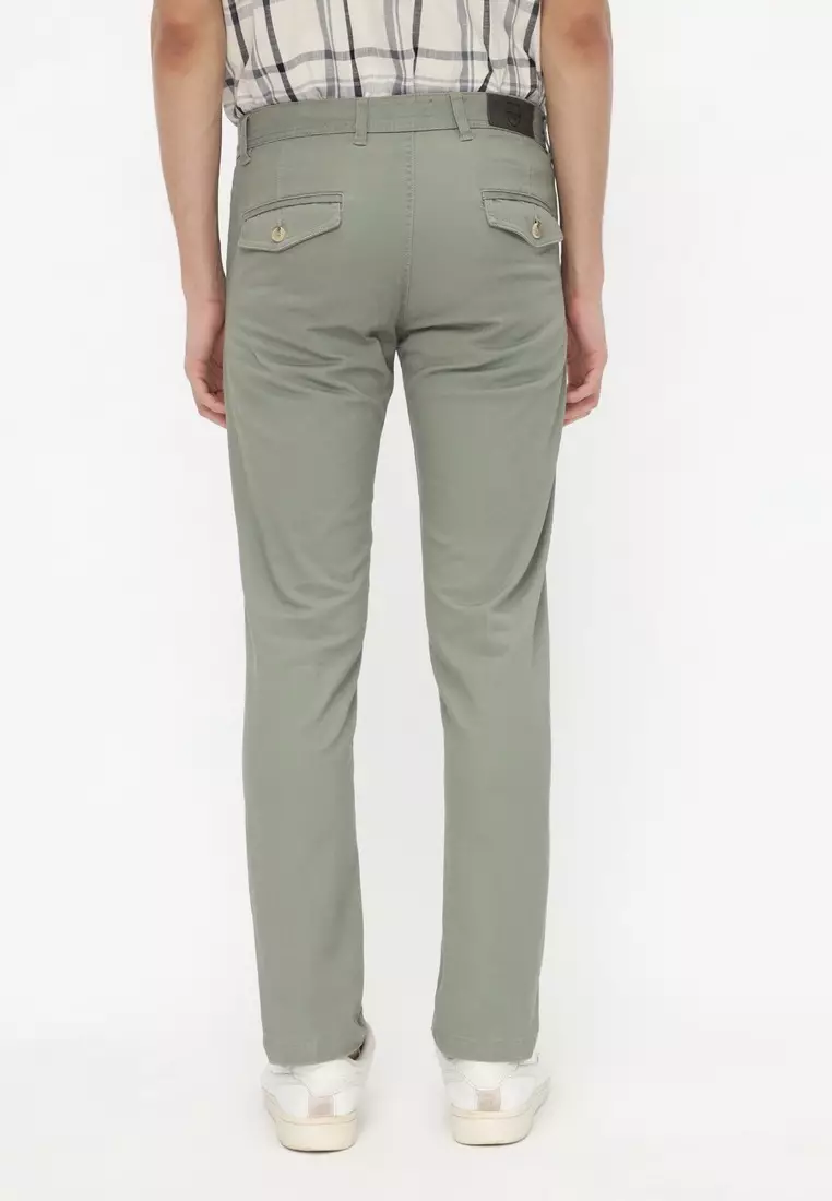 POLICE Celana Chino Panjang Sage Green Cotton Premium Stretch Slim Fit Pria