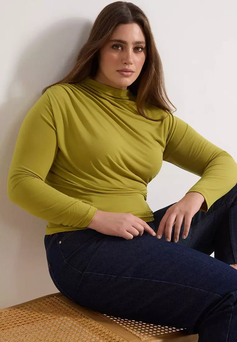 Oil Green Sandy Ruched Detail Long Arm Knitted Plus Size Blouse Tbbaw26Af00104