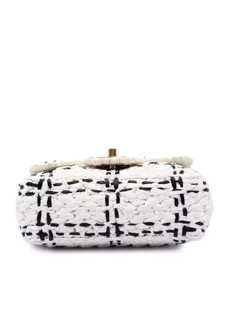 Pre-Loved Chanel Cc Mini Raffia Effect Tweed Flap