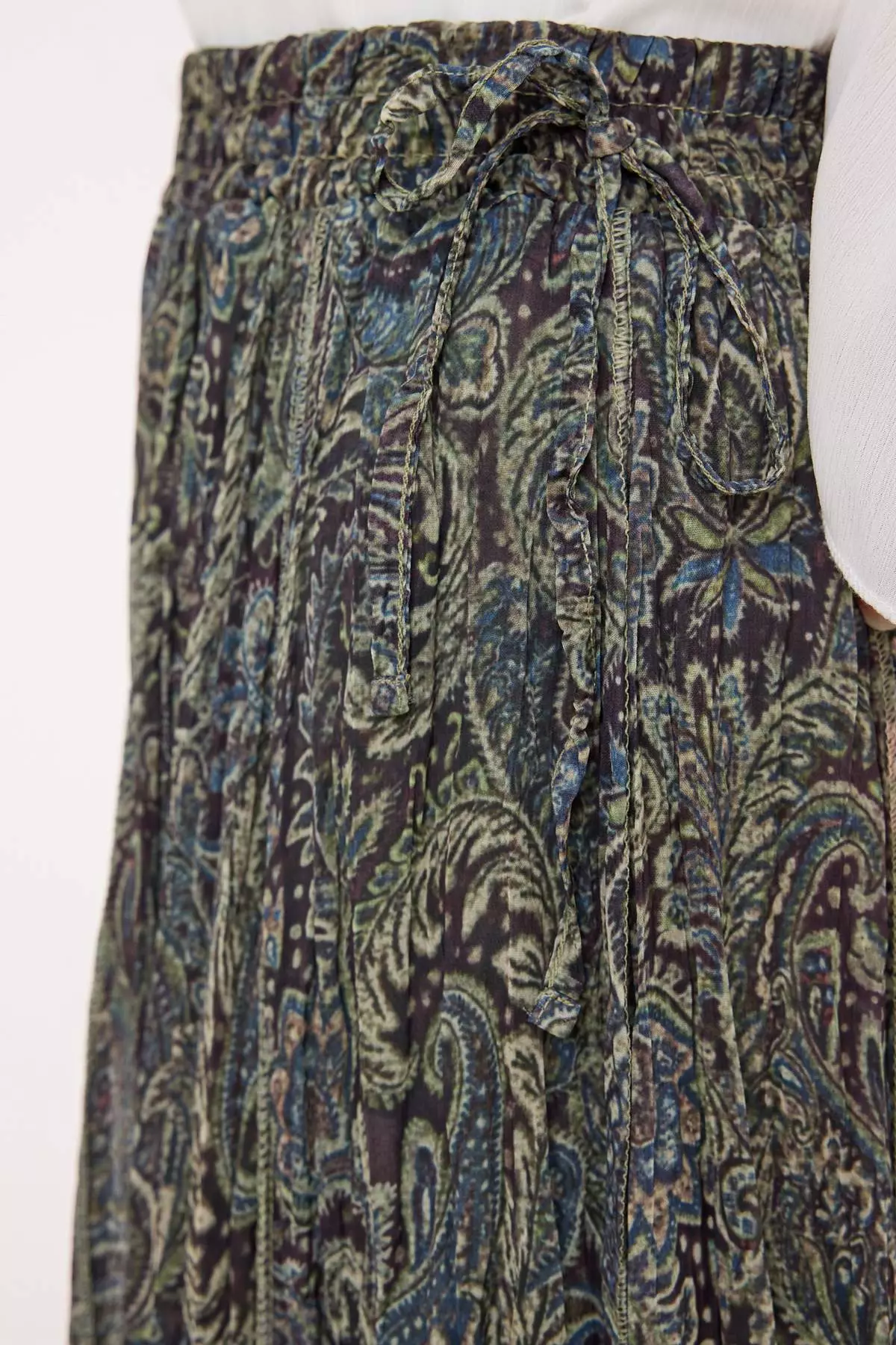 Khaki Chiffon Pleated Lined Ethnic Patterned Maxi Skirt Tctss26Ee00007