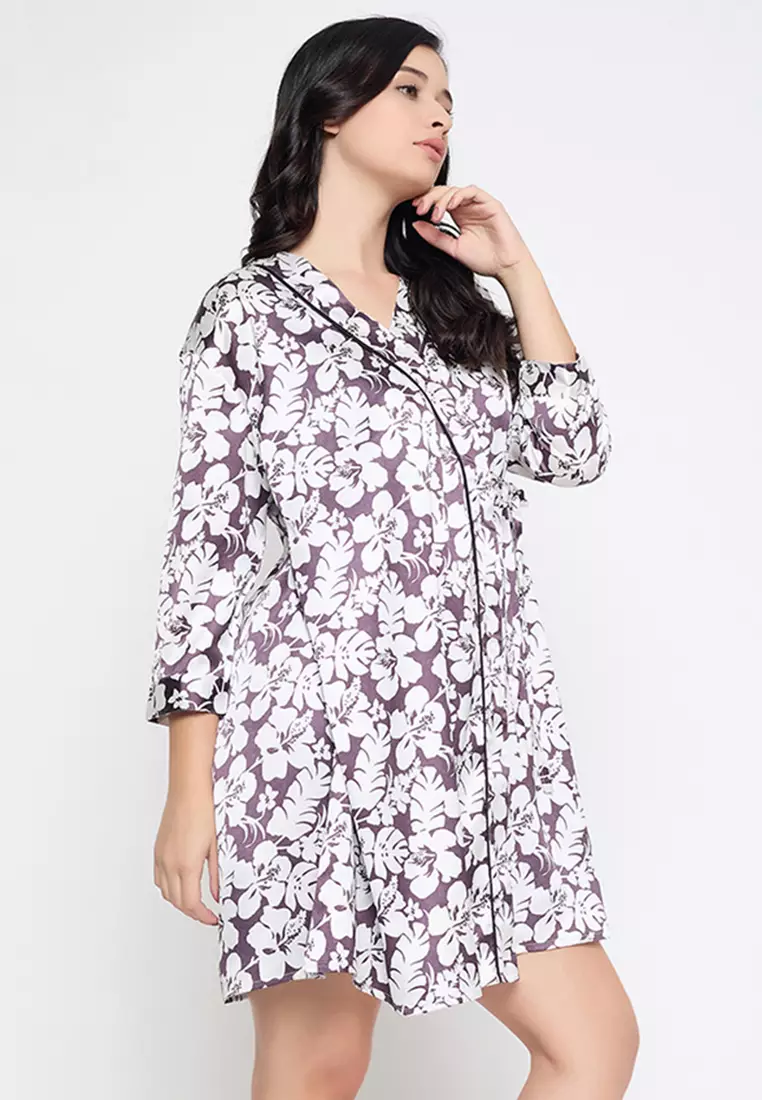 Clovia Chic Basic Short Night Dress & Floral Print Robe in Dark Purple - Satin