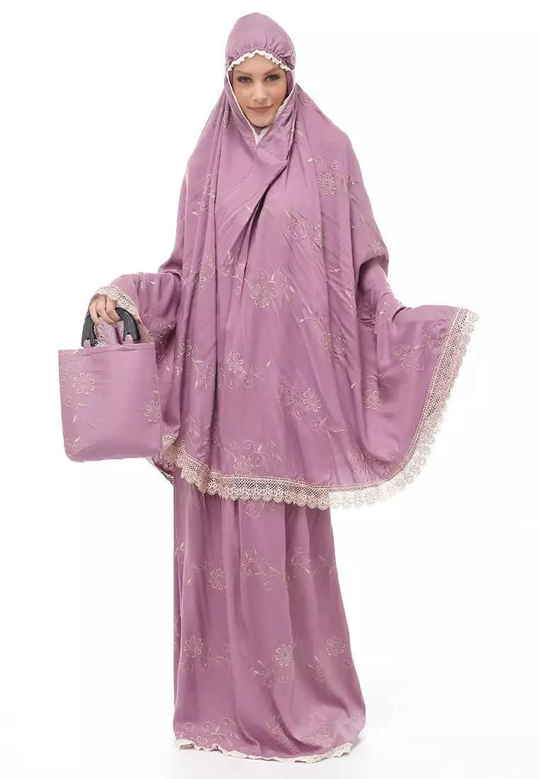 Hanjani Mukena Muslimah Atasan Bawahan Wanita Motif Bunga Relaxed Fit - Lavender