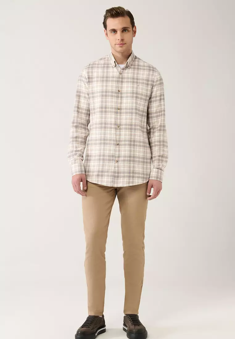 Men's Beige Button-Down Collar 100% Cotton Plaid Shirt A32Y2150