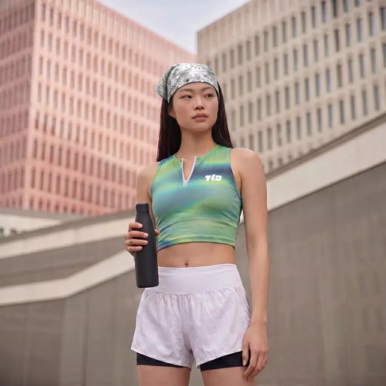 TDActive Crop Tank Zipper Wanita  - Baju Lari Running Trail Run Gym Motif Aura Gradient - Flexfit Anti Bakteri Drifit - Green LSF76