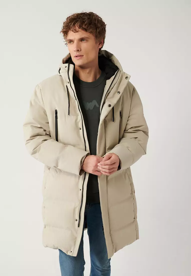 Men's Beige Hooded Goose Feather Water Repellent Long Coat A32Y6047