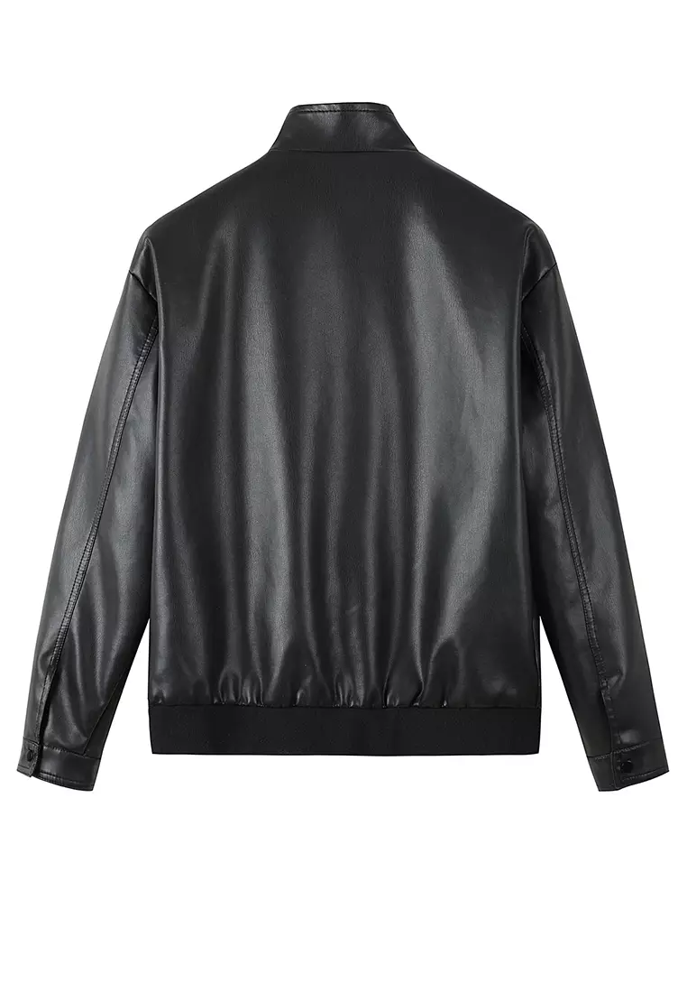 Thick Faux Leather Stand Collar Jacket MJ6803-1